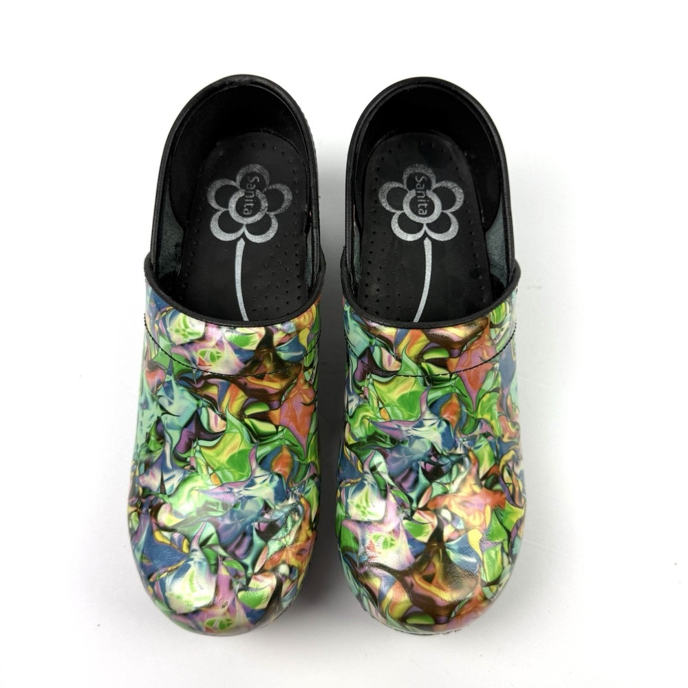 Sanita Clogs 39 Festival Graffiti Slip On Patent Leather Shoes Womens Colorful